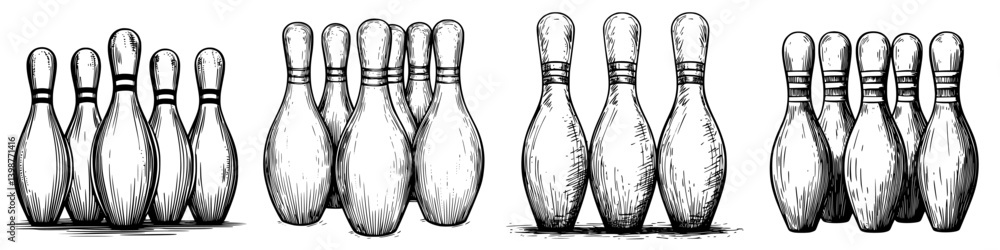 Poster vintage bowling pins arranged in three groups showcasing different styles in a nostalgic setting