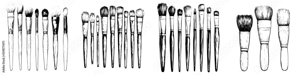 Poster collection of various paint brushes arranged in an artistic pattern on a plain background
