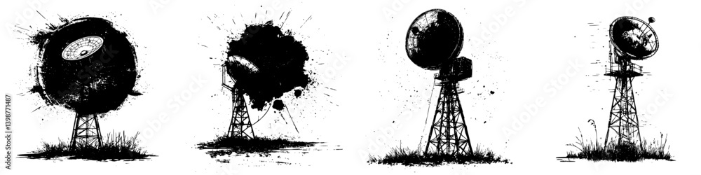 Poster various artistic representations of radio towers with abstract designs and textures across different