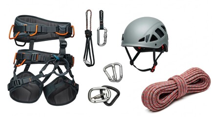 Climbing Equipment: Harness, helmet, rope, and carabiners for safe ascent and descent in mountaineering and climbing activities.