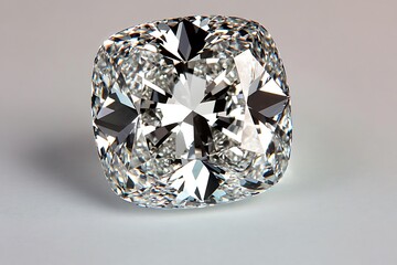 A luxurious cushion-cut diamond with intricate light reflections, showcasing flawless clarity and brilliance on a clean white background.