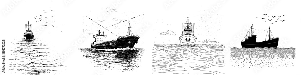 Poster illustrations of various ships navigating through water with birds in the sky and waves indicating m