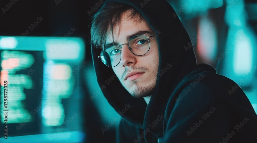 Poster man in hoodie and glasses looking at computer screen with code digital technology