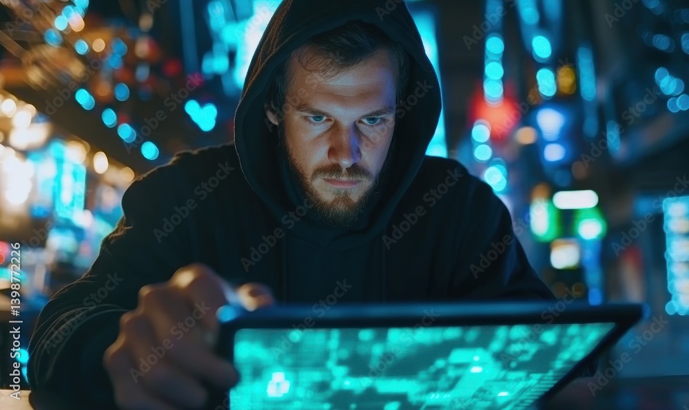 Poster man in hoodie using tablet technology cybersecurity concept internet data