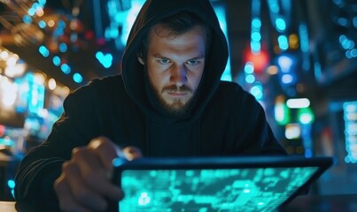 Man in hoodie using tablet technology cybersecurity concept internet data