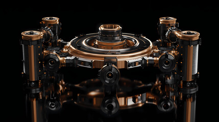 Fototapeta premium 3d rendering mechanical parts in shape of symbol of jupiter symbol isolated on black background with floor reflection. Lunar Forge. Illustration