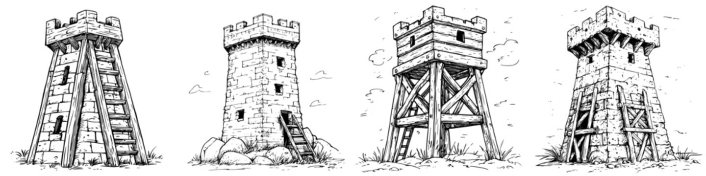 Historical watchtowers illustrate medieval architecture and design from various perspectives