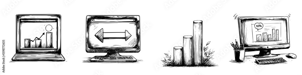 Poster illustrations of digital analytics and data representation during a daytime business analysis sessio