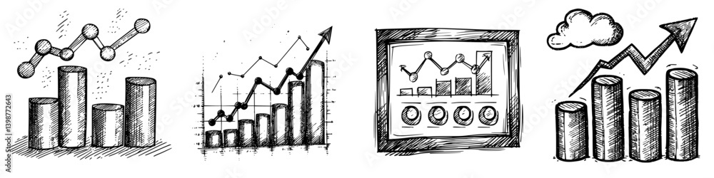 Poster trends in data visualization with sketches of graphs and charts in a simplistic style