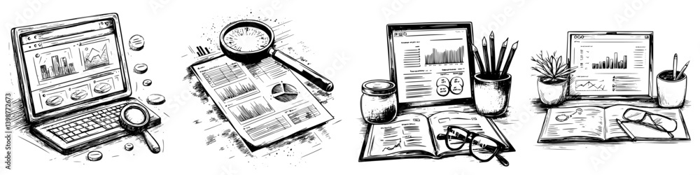 Poster detailed analysis of business data and statistics displayed on multiple digital devices with tools a