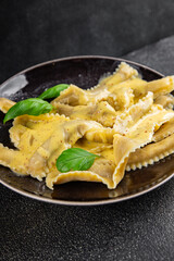 Pappardelle pasta filling main course appetizer vegetables dish fresh delicious gourmet food background on the table rustic food top view copy space  vegetarian and vegan food