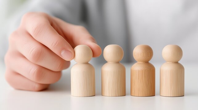 Consideration, a gentle hand selects one from a line of wooden figures, symbolizing choice, teamwork, and the power of individual contribution, perfect for concepts of recruitment, leadership, or deci