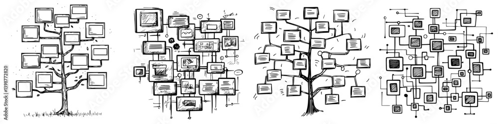 Poster visual representation of interconnected ideas in a diagram format showing branching structures illus