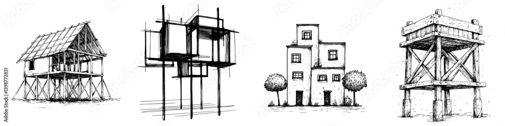 Poster unique architectural sketches of diverse building designs showcasing different styles and structures