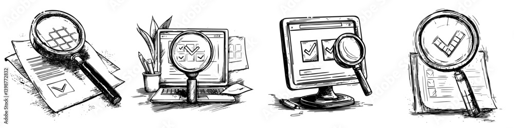 Poster detailed examination of data analysis process using magnifying glass on digital devices in a workspa