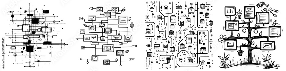 Poster unique collection of conceptual illustrations representing data flow, information processing, and in