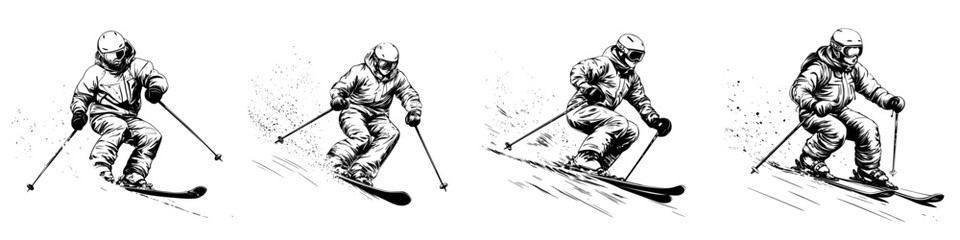 Skiing action sequence showing a skier navigating a snowy slope in a winter landscape