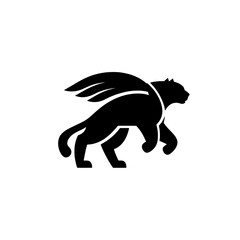 Minimalist vector logo featuring a black winged lion in dynamic motion against a white background