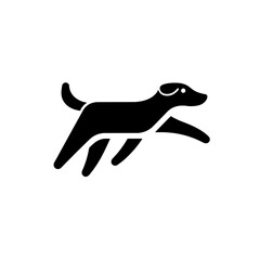 Minimalist vector logo of a dog in motion depicted in black and white for modern design use