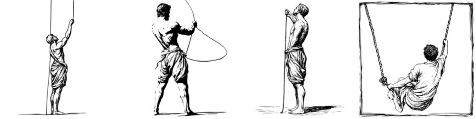 Exploring the different stages of a young boy using a rope and swing in a simple backyard setting