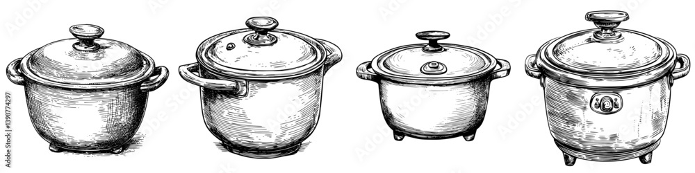 Poster different types of cooking pots displayed in a row showcasing various designs and sizes for culinary