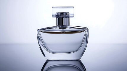 A luxury perfume bottle with a sleek glass design, minimalist metallic cap, and reflective surface, elegantly displayed on a pure white background.