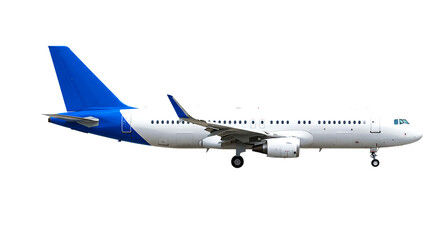 Obraz premium A side view of a white airplane with blue tail and wings on a black background in daylight