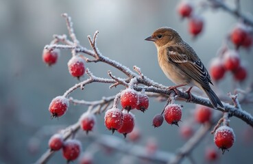 Sparrow perched on rosehip branch covered in snow. Winter scene features red berries and frosted branches, creates tranquil seasonal feeling. Cold weather, frosted plants in frosty scene.