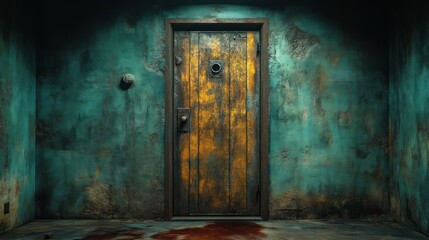 Creepy Rusty Door in a Haunted Room with Bloodstains Spooky Atmosphere Halloween Decorations
