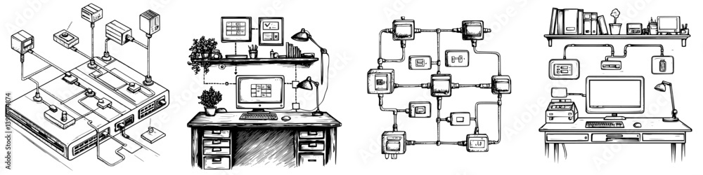 Poster technical illustrations of computer network setups and office desk environments for educational purp