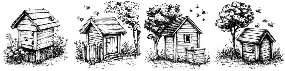 Obraz premium Charming wooden bee houses in a garden setting with lush greenery and buzzing bees during a sunny afternoon