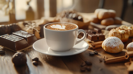 Warm cup of coffee with heart-shaped latte art beside a variety of sweet treats on a rustic wooden table