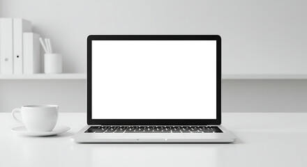 Fototapeta premium Laptop on Desk: A sleek, modern laptop sits on a clean desk. The screen is blank, ready for your content. Beside it, a steaming cup of coffee awaits, hinting at focused work and creative endeavors.