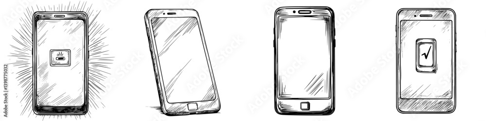 Poster smartphone illustrations showing various states of charging and notifications in a simple design sty