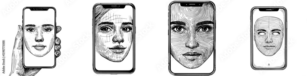 Poster Exploration of digital art featuring abstract faces displayed on mobile devices at a creative studio