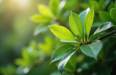 Close-up of fresh green kaffir lime leaves on tree branch. Medicinal plant foliage, tropical herbal ingredient for Thai cooking. Healthy organic culinary concept. Macro shot of natural freshness.