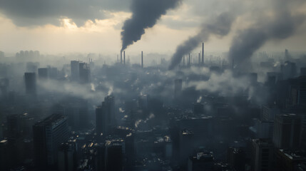 Urban landscape shrouded in smog reveals industrial skyline under cloudy sky at dusk