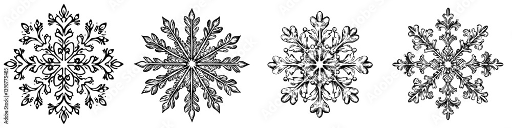 Poster intricate black and white snowflake designs showcasing unique patterns and textures in various shape