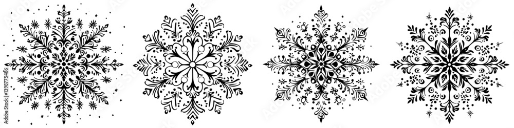 Poster intricate black and white snowflake designs showcasing unique patterns and details suitable for wint
