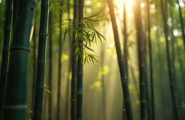 Fototapeta premium Bamboo forest bathed sunlight. Trees, leaves, branches against sun rays. Green asian nature landscape. Calm, zen, meditation mood. Wellness, eco, sustainable lifestyle.