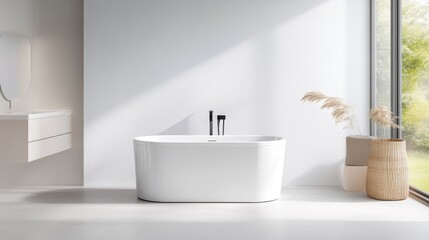 Fototapeta premium Modern, minimalist bathtub in a bright bathroom