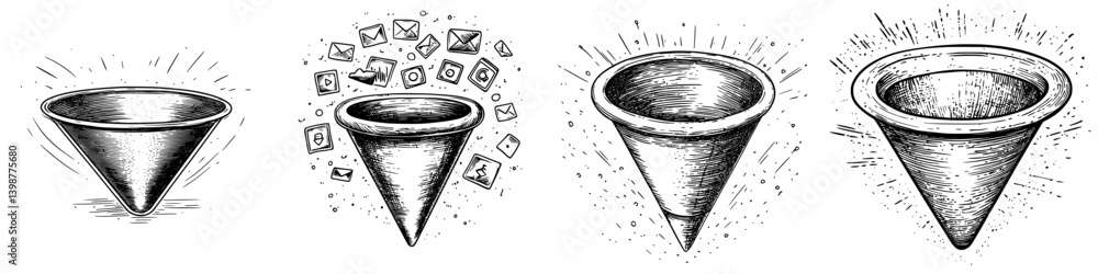 Poster illustration of four funnel designs showcasing different concepts related to gathering and directing