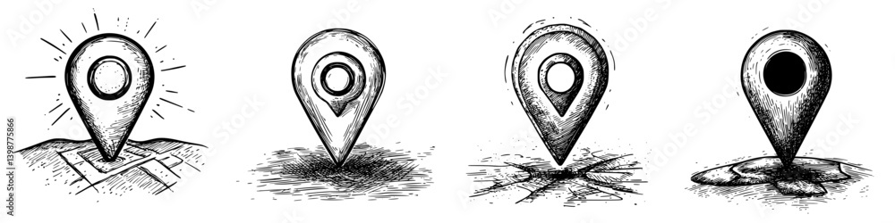 Poster different stages of a location marker in illustration, showcasing variations in depth and detail acr