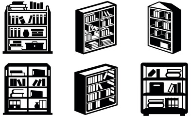 Black Silhouette Bookshelf Icons Set design on a white background