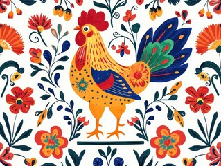 Obraz premium Festive folk art rooster surrounded by colorful floral patterns, creating a vibrant and whimsical design on a white backdrop.