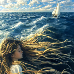 Dreaming at sea, a girl with flowing hair embraces the ocean waves while a sailboat glides smoothly in the distance beneath a sunny sky