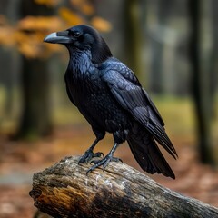 Fototapeta premium Black Raven Perched on a Log in Autumnal Forest