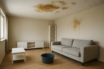 Water Damage Stain on Ceiling with Dripping Leak