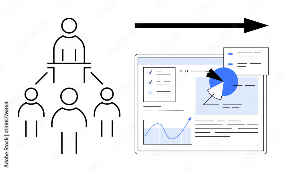 Poster hierarchical team structure directing toward analytics dashboard with charts, graphs, and data insig