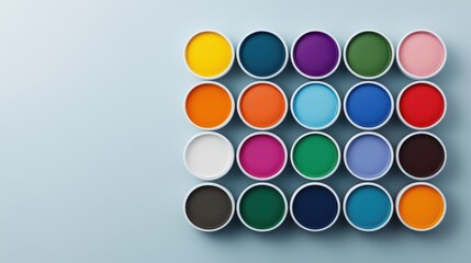 Overhead view of colorful paint palettes for artistic projects in a bright workspace